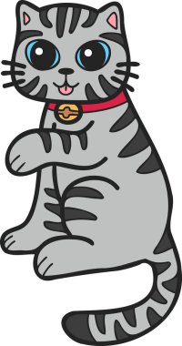 Hand Drawn Maneki Neko or lucky striped cat illustration in doodle style isolated on background