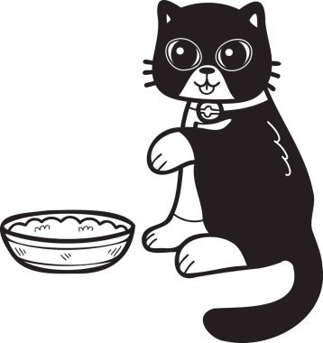 Hand Drawn cat eating food illustration in doodle style isolated on background