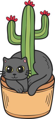 Hand Drawn cat and cactus illustration in doodle style isolated on background