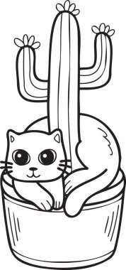 Hand Drawn cat and cactus illustration in doodle style isolated on background
