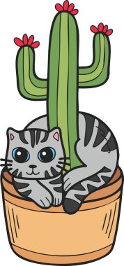 Hand Drawn striped cat and cactus illustration in doodle style isolated on background