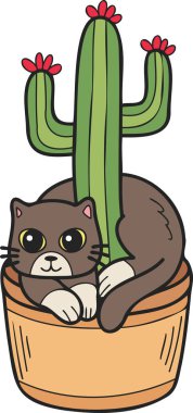 Hand Drawn cat and cactus illustration in doodle style isolated on background
