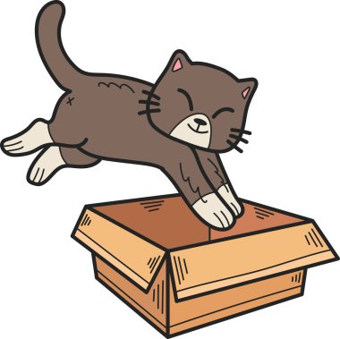 Hand Drawn kitten jumped into the box illustration in doodle style isolated on background