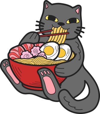 Hand Drawn cat eating noodles illustration in doodle style isolated on background