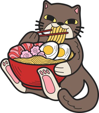 Hand Drawn cat eating noodles illustration in doodle style isolated on background