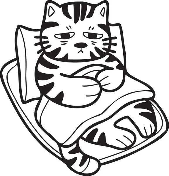 Hand Drawn Sick Striped Cat Sleeping Pillow Illustration Doodle Style — Stockvektor