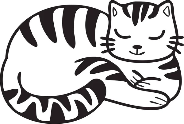 Hand Drawn Sleeping Striped Cat Illustration Doodle Style Isolated Background — Stock Vector