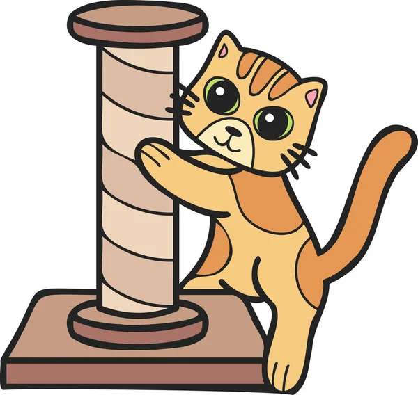 Hand Drawn Striped Cat Cat Climbing Pole Illustration Doodle Style — 스톡 벡터