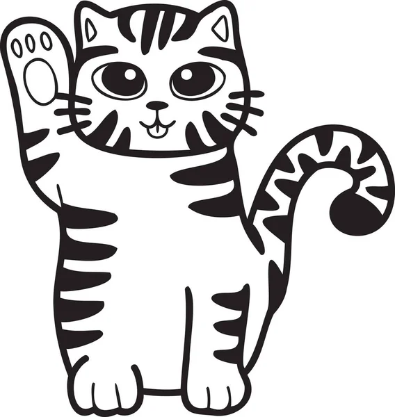 Hand Drawn Maneki Neko Lucky Striped Cat Illustration Doodle Style — Image vectorielle