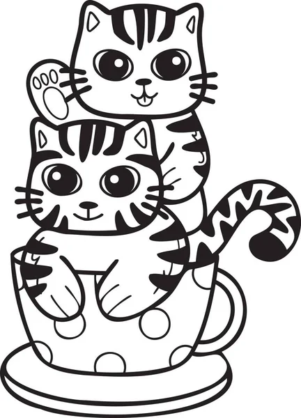 Hand Drawn Striped Cat Kitten Coffee Mug Illustration Doodle Style — Stockvektor