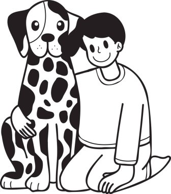 Hand Drawn owner hugs Dalmatian Dog illustration in doodle style isolated on background