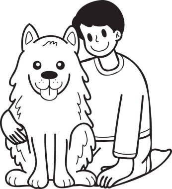 Hand Drawn owner hugs Samoyed Dog illustration in doodle style isolated on background