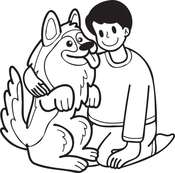Hand Drawn Owner Hugs German Shepherd Dog Illustration Doodle Style — Image vectorielle