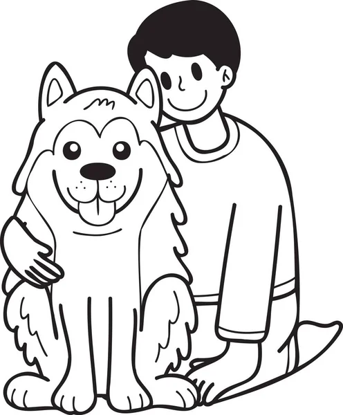 Hand Drawn Ιδιοκτήτης Αγκαλιάζει Husky Dog Εικονογράφηση Στυλ Doodle Απομονώνονται — Διανυσματικό Αρχείο