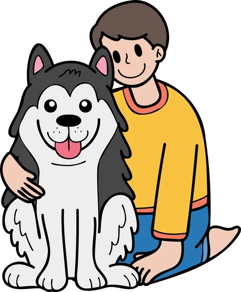 Hand Drawn Owner Hugs Husky Dog Illustration Doodle Style Isolated —  Vetores de Stock