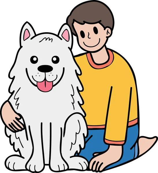 Hand Drawn Owner Hugs Samoyed Dog Illustration Doodle Style Isolated — Stok Vektör