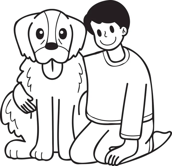 Hand Drawn Owner Hugs Golden Retriever Dog Illustration Doodle Style — Image vectorielle