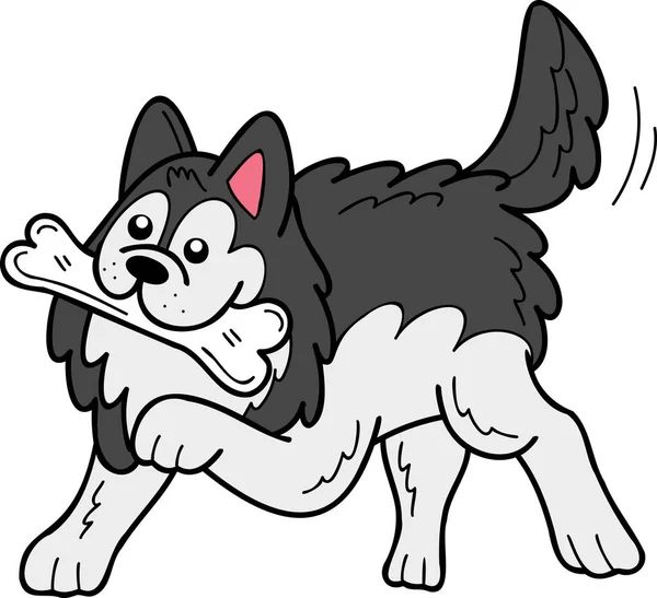 Hand Drawn Husky Dog Holding Bone Illustration Doodle Style Isolated — Stock Vector