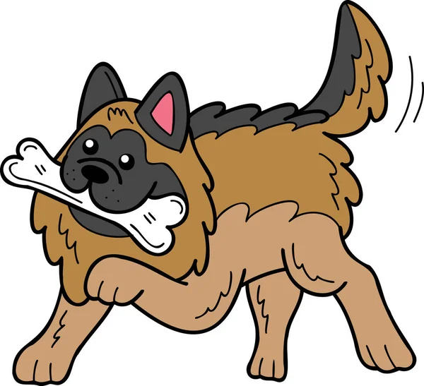 Hand Drawn German Shepherd Dog Holding Bone Illustration Doodle Style — Stock Vector