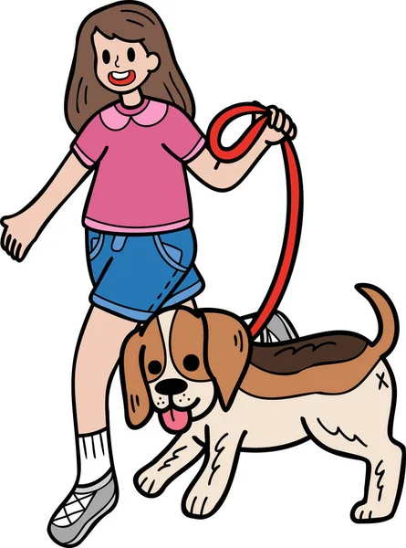 Hand Drawn Beagle Dog Walking Owner Illustration Doodle Style Isolated — Stockvector