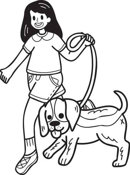 背景に孤立したドアスタイルでオーナーイラストで歩く手描きビーグル犬 — ストックベクタ