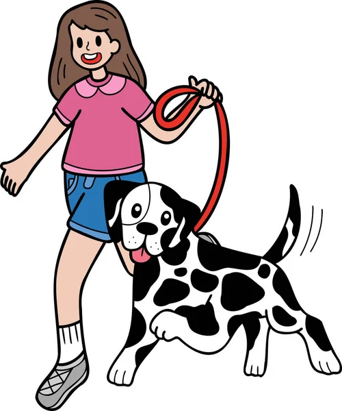 Hand Drawn Dalmatian Dog Walking Owner Illustration Doodle Style Isolated — Stockový vektor