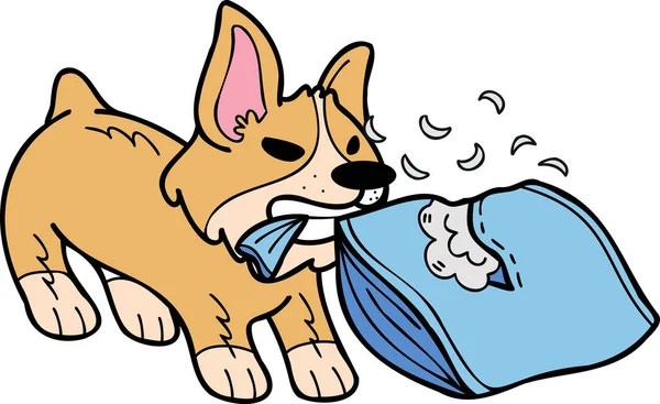 Hand Drawn Corgi Dog Biting Pillow Illustration Doodle Style Isolated — Stock vektor