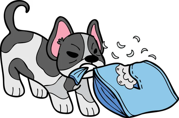 Hand Drawn French Bulldog Biting Pillow Illustration Doodle Style Isolated — Wektor stockowy