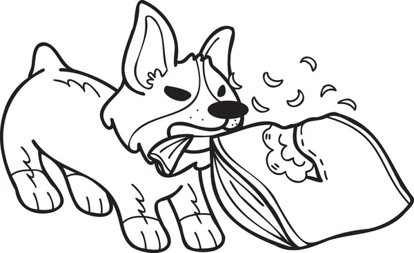 Hand Drawn Corgi Dog Biting Pillow Illustration Doodle Style Isolated — Archivo Imágenes Vectoriales