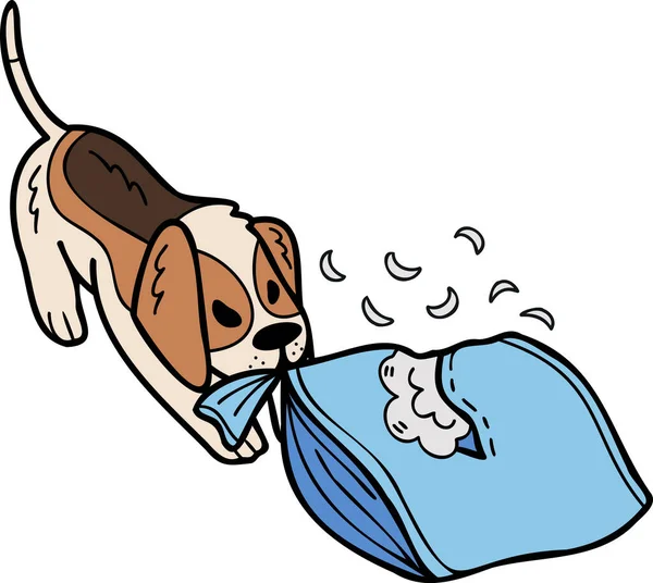 Hand Drawn Beagle Dog Biting Pillow Illustration Doodle Style Isolated — Wektor stockowy