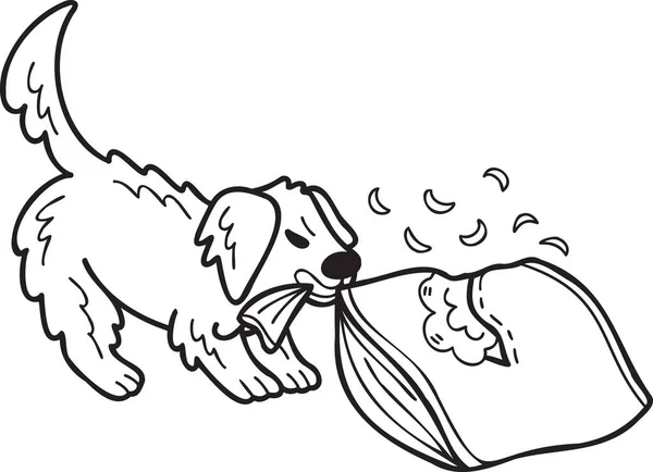 Hand Drawn Golden Retriever Dog Biting Pillow Illustration Doodle Style — Archivo Imágenes Vectoriales
