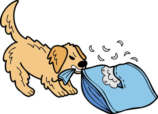 Hand Drawn Golden Retriever Dog Biting Pillow Illustration Doodle Style — Vector de stock