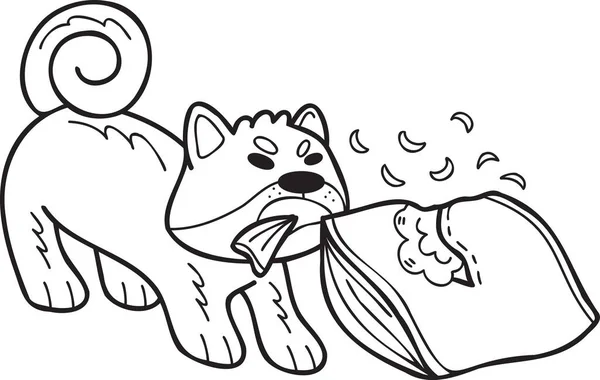 Hand Drawn Shiba Inu Dog Biting Pillow Illustration Doodle Style — Archivo Imágenes Vectoriales