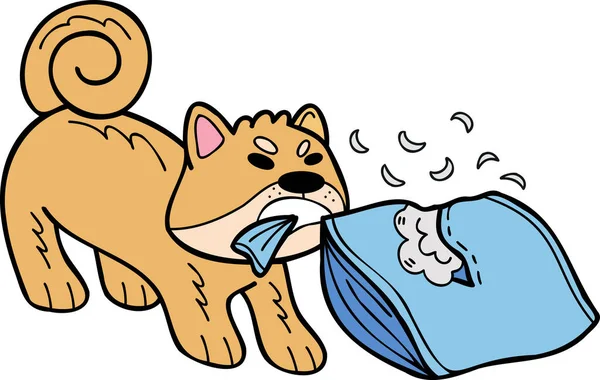 Hand Drawn Shiba Inu Dog Biting Pillow Illustration Doodle Style — Vector de stock
