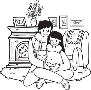 Hand Drawn Man and woman couple hugging a cat in the room illustration in doodle style isolated on background