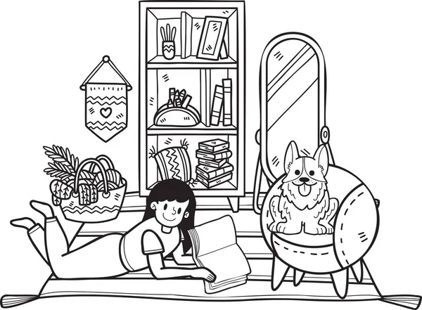 Hand Drawn Woman Reading Room Corgi Dog Illustration Doodle Style — Stock Vector