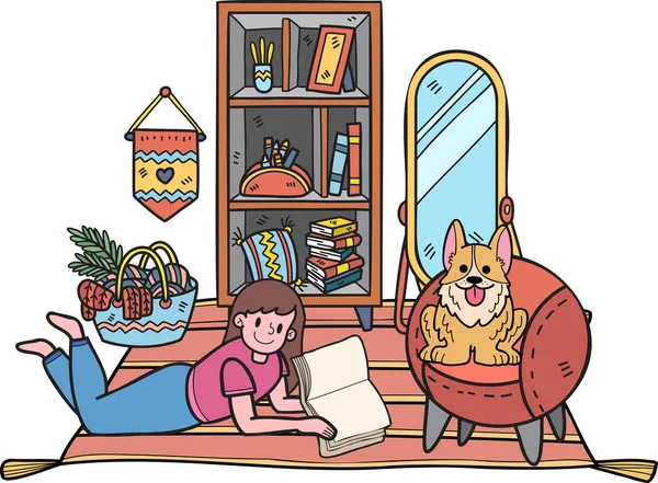 Hand Drawn Woman Reading Room Corgi Dog Illustration Doodle Style — Stok Vektör
