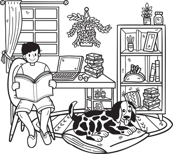 Hand Drawn Owner Reads Book Dog Room Illustration Doodle Style — Vettoriale Stock