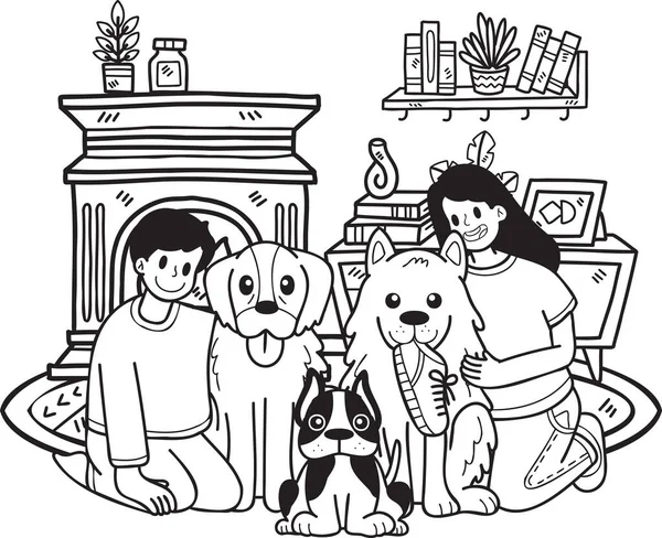 Hand Drawn Owner Hugged Dog Room Illustration Doodle Style Isolated — 图库矢量图片