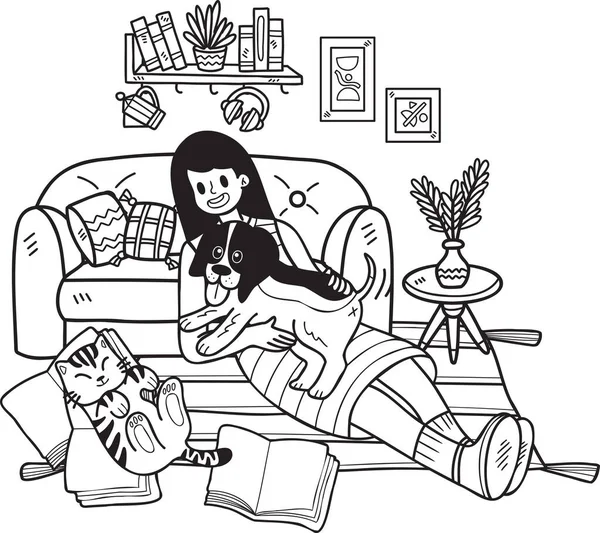 Hand Drawn Owner Hugs Dog Catin Living Room Illustration Doodle — 图库矢量图片