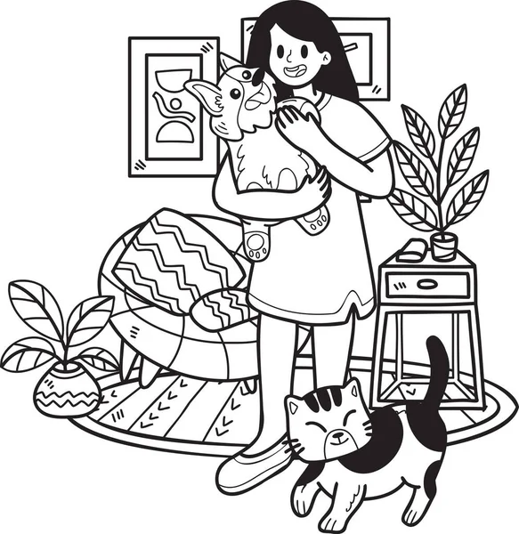 Hand Drawn Owner Hugs Dog Catin Living Room Illustration Doodle — 图库矢量图片