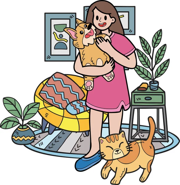 Hand Drawn Owner Hugs Dog Catin Living Room Illustration Doodle — Stock Vector
