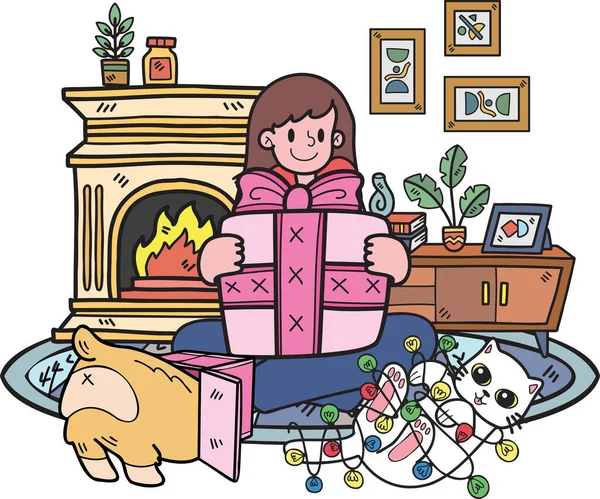 Hand Drawn Woman Holding Gift Dog Cat Illustration Doodle Style — Vetor de Stock