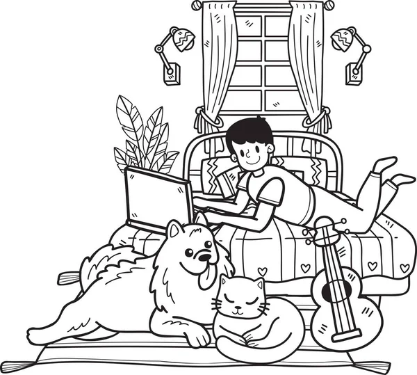 Hand Drawn Owner Working Laptop Dog Cat Bedroom Illustration Doodle — 图库矢量图片