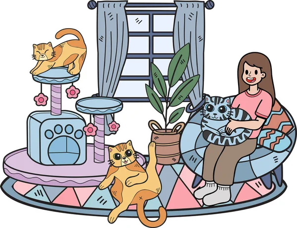 Hand Drawn Owner Sits Cat Living Room Illustration Doodle Style — 图库矢量图片