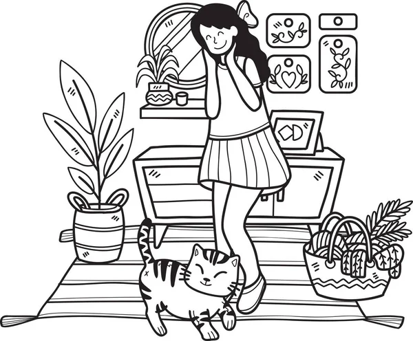 Hand Drawn Cat Begs Its Owner Living Room Illustration Doodle — 图库矢量图片