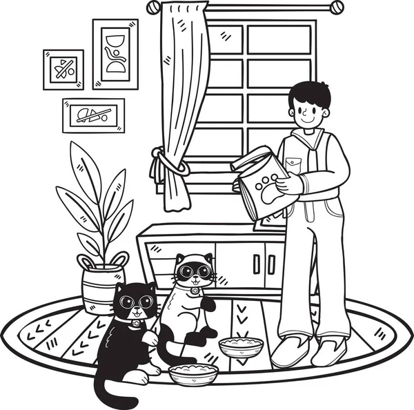 Hand Drawn Owner Feeds Cats Room Illustration Doodle Style Isolated — 图库矢量图片