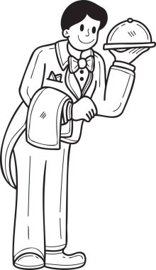 El Çizimi Garson, arka planda izole edilmiş karalama tarzında bir restoran illüstrasyonunda.