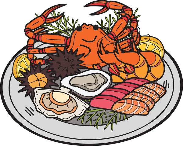 Hand Drawn Seafood Plate Illustration Doodle Style Isolated Background — Stock Vector