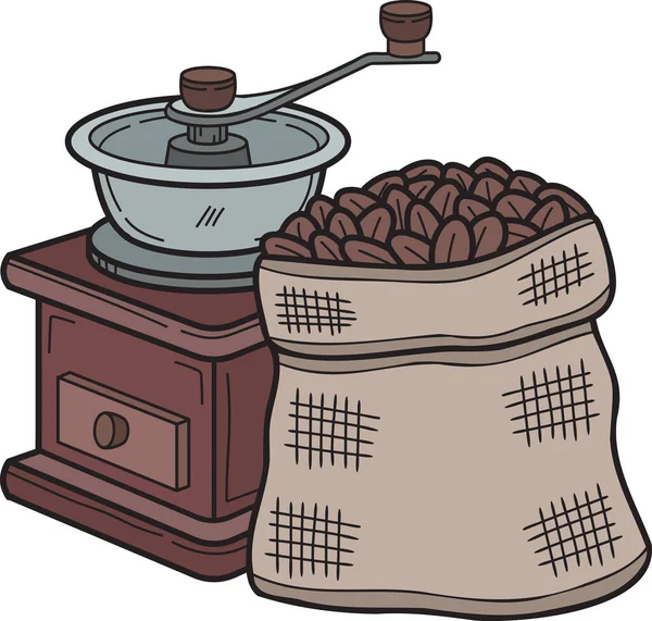 Hand Drawn Manual Coffee Grinder Coffee Beans Illustration Doodle Style — Vettoriale Stock
